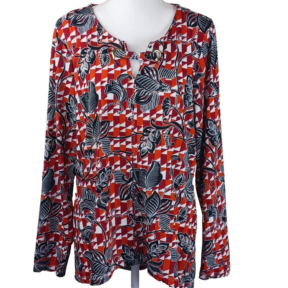 Zach & Rachel Top Women XL Floral Geometric Orange White Black Casual Tunic